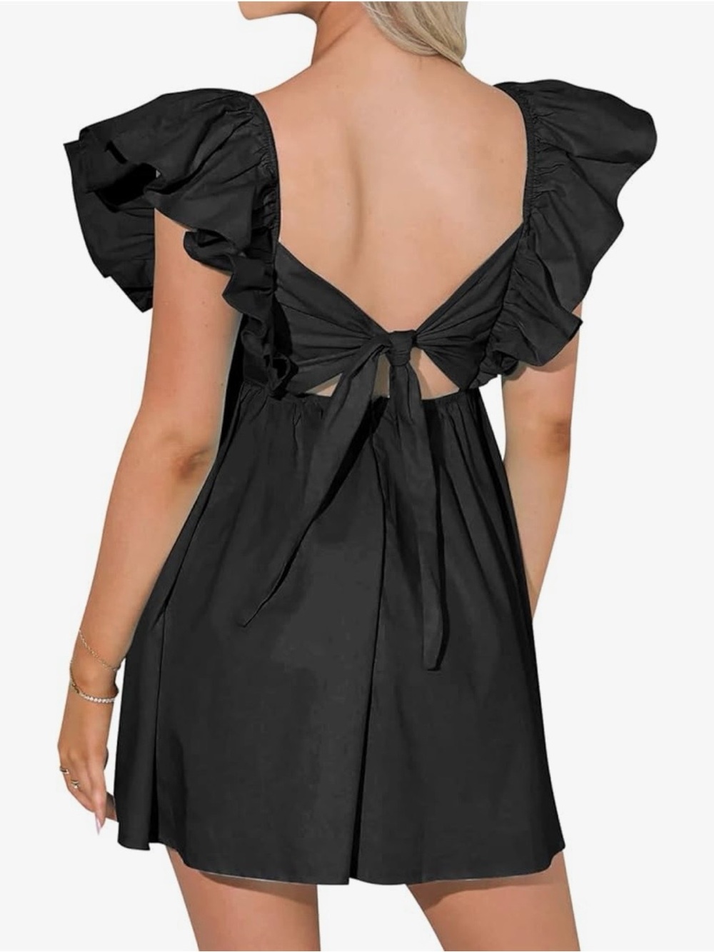Black Ruffle Sleeve Babydoll Mini Dress | Open Back Tie | NWOT